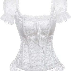 Women's Corset with Off Shoulder Victorian Lace Long Sleeves Top - White - L